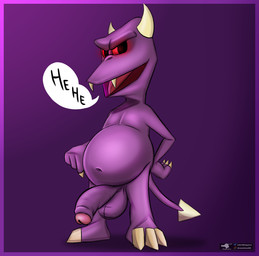 balls belly big_balls big_belly big_penis border fangs flaccid genitals gesture glowing glowing_eyes gradient_background hand_gesture horn laugh looking_at_viewer male navel oral_request penis pointing pointing_at_penis requesting scrotum_flap sex_request simple_background slightly_chubby solo tail teeth rogero_(artist) grabbed_by_the_ghoulies microsoft rareware xbox_game_studios demon ghouly_(species) humanoid imp hi_res watermark