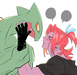 accessory anthro blush blush_lines caressing_face clothing duo ear_piercing ear_stud empty_speech_bubble eye_contact gloves hair hair_accessory hair_tie hand_on_face handwear holding_wrist imminent_kiss larger_male long_hair looking_at_another male male/male piercing shirt simple_background size_difference speech_bubble tied_hair topwear white_background laiweitui nintendo pokemon a_mu_(laiweitui) fang_yuan_(laiweitui) pokemon_trainer generation_3_pokemon human mammal pokemon_(species) reptile scalie sceptile hi_res