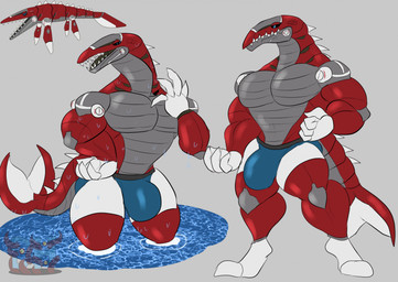 anthro barazoku biceps big_bulge big_muscles big_pecs black_sclera blue_clothing blue_eyes blue_underwear bulge claws clothed clothing dark_sclera fangs feral fin grey_background grey_body huge_bulge logo looking_at_viewer machine male mouth_closed multiple_poses muscular muscular_anthro muscular_male open_mouth partially_submerged pecs pose quads red_body simple_background solo spiked_neck spiked_tail spikes spikes_(anatomy) tail tail_fin teeth triceps underwear underwear_only water wet white_body daikuhiroshiama sega sonic_superstars sonic_the_hedgehog_(series) aquatic badnik mosasaur mosasaurus prehistoric_species reptile robot scalie 2026 artist_logo hi_res