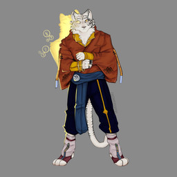 anthro bangle blue_clothing bottomwear bracelet clothing facial_markings fur glowing glowing_eyes head_markings jacket jewelry leg_warmers legwear long_sleeves magic_user male markings medallion om_symbol orange_clothing pants religion ring robe sash solo stripes tape text topwear tugging_clothing white_body white_fur yellow_clothing yellow_eyes cerberussenn buddhism kota_rai_(cerberussenn) felid mammal pantherine tiger 1:1 absurd_res hi_res signature theban_text