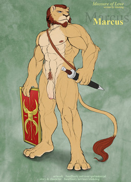 abs anthro athletic balls beard biceps big_muscles biped blue_eyes brown_hair brown_nose facial_hair flaccid foreskin fur genitals hair humanoid_genitalia humanoid_penis male mane melee_weapon muscular muscular_anthro muscular_male nipples nude pawpads paws pecs penis pose presenting pubes red_hair roman roman_empire scabbard shield simple_background solo standing sword tan_body tan_fur text vein weapon spelunker_sal felid lion mammal pantherine 2013