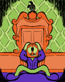 ambiguous_gender anthro book cartoon_gloves classy clothing door duo facial_hair feral footwear for_a_head male mustache pajamas pattern_background robe rubberhose scared shoes simple_background simple_coloring slippers toony crazy_8_animations edgar_allan_poe avian bird corvid corvus_(genus) crow humanoid object_head oscine passerine shaded simple_shading