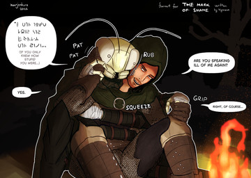 3_fingers 4_arms antennae_(anatomy) anthro armor arms_around_partner beard boots campfire chainmail cloak clothed clothing compound_eyes dialogue duo exoskeleton eye_contact facial_hair female female_anthro fingers fire footwear forest forest_background fully_clothed gloves green_cloak green_clothing hair hand_holding hand_wraps handwear hooded_cloak hug hugging_another hugging_from_behind looking_at_another looking_at_partner male male/female male_human mandibles multi_arm multi_limb nature nature_background night onomatopoeia orange_hair patting plant shoes sitting sitting_together smile sound_effects speech_bubble text tree wraps yellow_body warjenkins arthropod human insect mammal 2025 absurd_res digital_media_(artwork) english_text hi_res