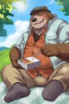 anthro belly blush bottomwear brown_body bulge clothing cloud detailed_background food hat headgear headwear kemono male mature_male one_eye_closed open_mouth outside overweight overweight_male pants plant shirt sitting solo topwear tree wink 00murice bear mammal 2025 2:3