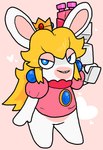anthro blonde_hair blue_ear_piercing blue_eyes bottomless bottomless_anthro bottomless_female clothed clothed_anthro clothed_female clothing crown featureless_crotch featureless_legs female female_anthro flat_chested fur furrowed_brow gem gun hair headgear heart_pupils holding_gun holding_object holding_ranged_weapon holding_weapon light long_ears long_hair mitten_hands multicolored_body noseless pink_background pink_clothing pink_shirt pink_topwear pupils ranged_weapon ruby_(gem) sapphire_(gem) shirt simple_background smile smiling_at_viewer solo standing tan_body tan_eyelids tan_inner_ear tan_skin topwear two_tone_body weapon white_body white_fur white_pupils bahamutgreen mario_bros mario_plus_rabbids_kingdom_battle nintendo raving_rabbids rayman_(series) ubisoft rabbid_peach lagomorph mammal rabbid 2022 colored crossover digital_drawing_(artwork) digital_media_(artwork) english_description full-length_portrait lighting portrait shaded simple_shading