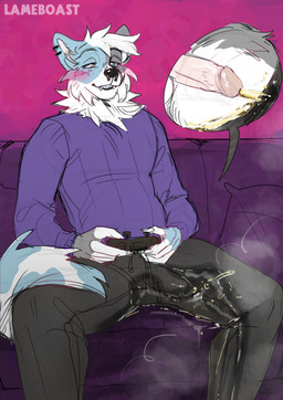 5_fingers anthro balls barbell_piercing black_bottomwear black_clothing black_nose black_pants black_sweatpants blue_body blue_ears blue_eyes blue_fur blue_tail blue_tongue blush bodily_fluids bottomwear bulge casual_urination casual_wetting circular_barbell_piercing close-up clothing controller cutaway ear_piercing erection erection_under_clothing facial_piercing fangs fingers foreskin fur furniture game_controller gaming genital_fluids genitals glans grey_body grey_ears grey_eyes grey_fur half-closed_eyes heterochromia holding_controller holding_game_controller holding_object humanoid_genitalia humanoid_hands humanoid_penis inside male male_anthro male_peeing multicolored_body multicolored_fur multiple_piercings narrowed_eyes nose_piercing open_mouth pants peeing peeing_on_furniture peeing_while_erect penis piercing pillow pink_glans pink_penis playing_video_game purple_clothing purple_pillow purple_sofa purple_sweater purple_topwear retracted_foreskin septum_circular_barbell septum_piercing sitting snout sofa solo spread_legs spreading steam sweater sweatpants tail teeth text tongue topwear two_tone_tail urine urine_on_leg urine_stream watersports wet wet_bottomwear wet_clothing wet_pants wetting white_balls white_body white_fur white_inner_ear white_tail lameboast canid canine canis domestic_dog mammal artist_name hi_res