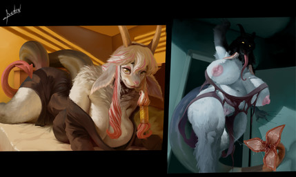 2_horns anthro areola bed bedroom big_areola big_breasts big_nipples bodily_fluids breasts cleavage clothed clothing doorway female fur furniture genital_fluids genitals glowing glowing_eyes grey_body grey_fur hair horizontal_pupils horn huge_breasts inside literal_tailhole living_tail long_hair long_tail long_tongue looking_at_viewer lying navel nipples on_bed on_front open_mouth open_smile pink_areola pink_hair pink_nipples pupils red_hair shoulderless_sweater smile smiling_at_viewer solo spade_tail tail text thick_thighs tongue tongue_out torn_clothing unusual_anatomy unusual_tail vaginal_fluid_string vaginal_fluids vulva white_hair wide_hips yellow_eyes blulesnsfw thea_rosenheim bovid caprine caprine_demon demon goat goat_demon ibex mammal absurd_res artist_name hi_res signature