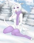 anthro biped breasts clothed clothing female kneeling legwear looking_at_viewer nipples non-mammal_breasts outside scarf smile snow solo tail thigh_highs tongue tongue_out topless birbseeds miiyori mythology sha'ra_(fariday) dragon mythological_creature mythological_scalie scalie 4:5 artist_collaboration hi_res