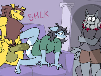 anthro clothed clothing cuckold embarrassed furniture genitals glistening glistening_genitalia group male male/male pillar sex shlick sofa sofa_sex thrusting trio conditional_dnp furryfluffbutt aquatic felid fish lion mammal pantherine shark animated