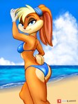 absurd_res anthro bikini blonde_hair blue_eyes breasts butt butt_pose clothed clothing female fur hair hi_res lagomorph leporid link6432 lola_bunny looking_at_viewer looney_tunes mammal orange_body orange_fur pose rabbit scut_tail short_tail smile solo swimwear tail teeth thick_thighs warner_brothers