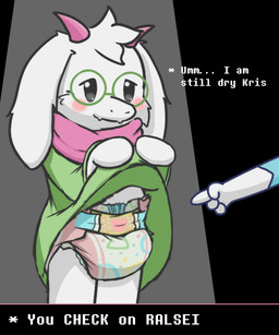 anthro blush clothed clothing clothing_lift dialogue diaper duo eyewear gesture glasses hand_gesture horn male pointing shirt shirt_lift smile standing topwear wearing_diaper white_diaper young young_anthro young_male sleepufox deltarune undertale_(series) kris_dreemurr ralsei bovid caprine goat human mammal