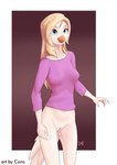 anthro beak blonde_hair blue_eyes bottomless breasts clothed clothing feathers female genitals hair long_sleeves nipple_outline pussy shirt solo standing tail tail_feathers topwear white_body white_feathers pwnagespartan marie_(pwnagespartan) avian bird columbid dove hi_res