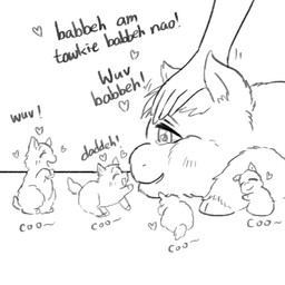 ambiguous_feral ambiguous_gender ambiguous_human anime_style baby_talk blush bodily_fluids crying eyes_closed feral group happy headpat heart_symbol hooves hug lying mostly_offscreen_character neonate on_front on_hind_legs open_mouth open_smile smile standing tail tears tears_of_joy text young young_ambiguous young_feral yellowcottoncandy030 fluffy_pony fluffy_pony_(species) human mammal 1:1 2025 black_and_white digital_media_(artwork) english_text hi_res monochrome