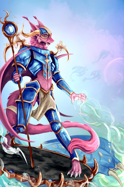 4_toes 5_fingers anthro armor blue_armor claws cloudy_background fantasy_weapon feet female fighting_pose fingers fur green_eyes hammer magic_staff pink_body pink_fur pointy_ears pose solo toes tools warhammer tsunekitsune mythology tzeentch dragon furred_dragon furred_scalie mythological_creature mythological_scalie scalie