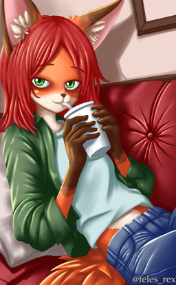 anthro beverage bottomwear clothing container cup dark_hands denim denim_bottomwear denim_clothing drinking female furniture green_eyes inner_ear_fluff inside jeans looking_at_viewer multicolored_body orange_body pants relaxing shirt sitting sofa solo topwear tuft two_tone_body white_body white_clothing white_shirt white_topwear rex_feles lorne_(rex_feles) canid canine fox mammal red_fox true_fox absurd_res hi_res