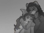 anthro bodily_fluids clothed clothing crying duo eyes_closed eyewear female fur glasses grey_background hair male simple_background tears yshanii cotton_(yshanii) canid canine canis dingo felid mammal 2024 digital_media_(artwork) greyscale hi_res monochrome