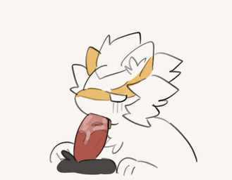 black_body black_fur bodily_fluids brush duo fellatio feral fur genitals hair inner_ear_fluff male male/male oral paws penile sex tuft white_body white_fur white_hair dog_phenomenon sky_children_of_the_light unknown_species animated loop