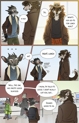 anthro backlighting barefoot biped black_nose blush brown_body brown_eyes brown_fur canine_teeth canteen cheek_tuft clothed clothed_anthro clothing dialogue duo_focus facial_tuft feet fluffy fluffy_tail fur grey_body grey_fur group hat head_tuft headgear headwear light male pointy_ears prick_ears snout speech_bubble stare tail tan_body tan_fur text tuft tusks yellow_sclera falco_works background_character indy_(justroadkill) pen_(falco_works) canid canine canis cervine coyote deer mammal tufted_deer 2024 comic digital_media_(artwork) english_text hi_res lighting