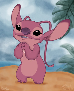 3_toes antennae_(anatomy) anthro beach biped black_eyes chest_markings claws day ear_markings feet female finger_claws hands_together interlocked_fingers long_antennae markings open_mouth open_smile outside pink_body purple_claws purple_markings purple_tongue sharp_teeth smile solo standing teeth toes tongue white_markings miluri disney lilo_and_stitch angel_(lilo_and_stitch) alien experiment_(lilo_and_stitch) 2025 dated digital_drawing_(artwork) digital_media_(artwork) hi_res signature
