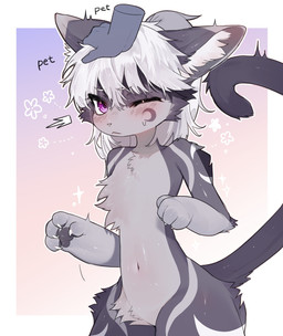 adolescent anthro anthro_focus blush disembodied_hand duo featureless_crotch femboy fluffy fur grey_body grey_fur grey_hair hair kemono male male_anthro male_focus navel one_eye_closed petting purple_eyes solo_focus tail young young_anthro young_male kid094ff crescen_(crescencat) domestic_cat felid feline felis mammal 2024 digital_media_(artwork) hi_res portrait three-quarter_portrait