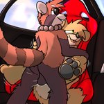 anthro backseat balls black_nose bodily_fluids booster brown_body brown_fur butt car curved_tail dark_pawpads duo eye_roll eyewear facial_markings female female_penetrated fluffy fluffy_tail from_front_position fur gem genital_fluids genitals glint half-closed_eyes head_markings head_tuft head_turned inside_car inside_vehicle jewelry looking_away looking_pleasured lying male male/female male_penetrating male_penetrating_female markings mask_(marking) missionary_position motion_lines motion_outline multicolored_body narrowed_eyes necklace nude on_back open_mouth path_lines pawpads pearl_(gem) pearl_necklace penetration red_body red_fur sex shining_teeth sitting_on_back smile spread_legs spreading sunglasses tail tan_body tan_fur teeth teeth_showing tongue tuft vehicle white_body white_ears white_fur yellow_eyes trashbadger housepets! tarot_(housepets!) todd_(housepets!) ailurid canid canine canis domestic_dog mammal pomeranian red_panda spitz 1:1 2021 digital_media_(artwork)