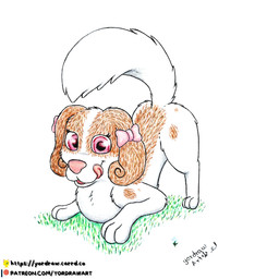 3_toes feet female feral grass looking_at_viewer patreon_logo patreon_username pink_nose plant raised_tail smile smiling_at_viewer solo spread_legs spreading tail text toes tongue tongue_out yordraw belfort_and_lupin patreon ponne_(belfort_and_lupin) canid canine canis domestic_dog mammal 1:1 hi_res traditional_media_(artwork) url