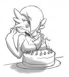 arms_above_head big_breasts breast_rest breasts cake cutting dessert female food hair not_furry onomatopoeia plate short_hair simple_background slicing smile solo sound_effects text tongue tongue_out white_background spikedmauler nintendo pokemon gardevoir generation_3_pokemon pokemon_(species) english_text monochrome sketch