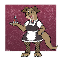 anthro big_breasts breasts claws clothed clothing eyelashes female horn legwear looking_at_viewer maid_uniform nuka-cola open_mouth smile solo tail tapering_tail teeth uniform mr_harinezumi fallout microsoft deathclaw scalie 1:1 hi_res