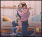 abdl ageplay anthro belt black_border blurred_background border bottomwear clean_diaper clothed clothing detailed_background diaper duo footwear fur furniture hug kneeling male object_in_mouth pacifier pacifier_in_mouth pants roleplay shirt socks sofa standing tan_body tan_fur topwear wearing_diaper shadowhare bird_dog canid canine canis domestic_dog human hunting_dog labrador mammal retriever 2023 hi_res