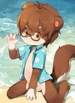 anthro balls beach blue_clothing bottomwear brown_body brown_fur brown_hair clothed clothing eyewear flaccid foreskin fur genitals gesture glasses hair looking_at_viewer male mostly_nude open_clothing open_shirt open_topwear pawpads penis sand sea seaside shirt shorts sitting smile smiling_at_viewer solo topwear water waving waving_at_viewer young young_anthro yupa bear mammal 2023 character_request