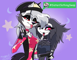 alternate_costume anthro arm_tuft black_body black_clothing black_crop_top black_eyeshadow black_feathers black_pseudo_hair black_shirt black_topwear breasts chest_tuft choker clothing clothing_swap collar crescent_moon crop_top duo eyelashes eyeshadow feather_hair feathers female fur grey_hair hair half-closed_eyes hashtag jewelry makeup midriff moon narrowed_eyes necklace pink_choker pink_clothing pink_jewelry pink_necklace pseudo_hair pupils purple_background purple_eyeshadow red_sclera shirt shoulder_tuft simple_background slit_pupils spiked_collar spikes star star_pattern tongue tongue_out topwear tuft white_body white_eyes white_face white_fur starpaintart hellaverse helluva_boss mythology loona_(helluva_boss) octavia_(helluva_boss) avian avian_demon bird canid canid_demon canine canis demon hellhound mammal mythological_canine mythological_creature owl owl_demon wolf 2025 absurd_res half-length_portrait hi_res portrait