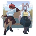 amata_(peenuspeepl) anthro big_butt bottomwear butt clothing duo eating female pencil_skirt shirt skirt thick_thighs topwear dogeink katharina_(dreamypride) canid canine canis domestic_dog lagomorph leporid mammal rabbit hi_res