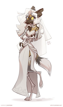 anthro armwear black_nose breasts bridal_gauntlets bride chest_tuft choker cleavage clipped_ear clothed clothing digit_ring digitigrade dress ear_piercing eyebrows eyewear female fur glasses hair jewelry lace legwear multicolored_body multicolored_fur necklace piercing raised_eyebrow ring round_glasses smile solo stockings tail toony tuft wedding_dress wedding_ring wedding_veil white_clothing white_hair white_legwear white_stockings yellow_sclera luckyonn sola_(luckyonn) african_wild_dog canid canine canis mammal 2025 absurd_res digital_media_(artwork) hi_res signature