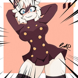 anthro blue_eyes clothing eyeliner female fur hair hands_behind_head makeup solo white_body white_fur domestic_cat felid feline felis mammal 1:1 hi_res