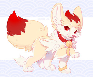 ambiguous_feral ambiguous_gender bell bell_collar big_ears collar dipstick_tail fangs feral fur glistening glistening_eyes hair inner_ear_fluff looking_at_viewer markings multicolored_hair open_mouth open_smile pattern_background pink_nose quadruped red_collar red_eyes red_hair short_hair side_view simple_background smile solo tail tail_markings tan_body tan_fur tan_hair teeth tuft two_tone_hair white_body white_fur white_inner_ear_fluff bloominglynx canid canine mammal digital_drawing_(artwork) digital_media_(artwork) hi_res