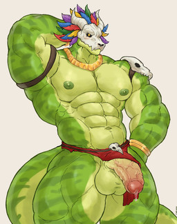 abs anthro areola armband balls biceps big_muscles big_penis bone bone_mask bottomwear bottomwear_aside bracelet clothing clothing_aside deltoids feathers forearm_muscles foreskin genitals glans gold_(metal) gold_jewelry green_body hand_behind_head humanoid_genitalia humanoid_penis jewelry loincloth loincloth_aside male mask muscular muscular_anthro muscular_male necklace nipples obliques pecs penis quads raised_arm serratus simple_background skull skull_mask solo standing tail trapezius triceps v-cut vein veiny_penis white_background nef_aaron terraria witch_doctor_(terraria) lihzahrd scalie 2026 hi_res