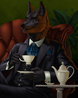 anthro armchair black_body black_bottomwear black_clothing black_fur black_nose black_pants black_sclera black_suit black_suit_jacket black_topwear black_vest bottomwear chair classy clothed clothed_male clothing container cravat crossed_legs cup eyebrows fully_clothed fully_clothed_male fur furniture holding_container holding_cup holding_object holding_plate holding_tea_cup inside jewelry looking_at_viewer male monotone_body neckwear pants plant plate pocket_square red_lighting sitting slight_smile solo suit suit_jacket tea_cup topwear vest white_eyes guyinvintageclothes iosif_svensson canid canine canis mammal wolf half-length_portrait hi_res portrait