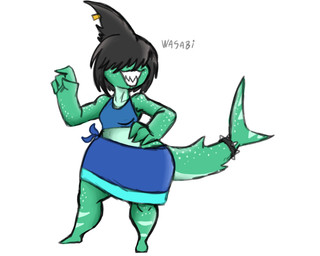 4_fingers anthro black_hair bottomwear breasts clothing covered_eyes female fingers freckled_arms freckled_face freckled_hips freckled_legs freckled_shoulders freckled_tail freckles green_body hair huge_hips huge_thighs non-mammal_breasts sharp_teeth shirt skirt small_breasts solo tail teeth thick_thighs topwear wide_hips tibbs aquatic fish shark 5:4 hi_res