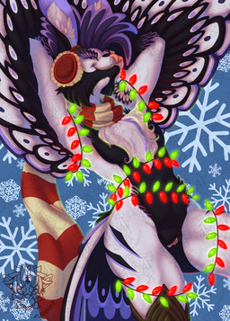 ambiguous_gender anthro chest_tuft christmas_decorations christmas_lights earmuffs feather_hair feathered_wings feathers genitals hands_behind_head lights looking_at_viewer pseudo_hair scarf smile smiling_at_viewer snowflake snowflake_pattern solo tail tail_feathers tuft vulva wings flabberd vena_(sergeanthax) aven avian bird hybrid