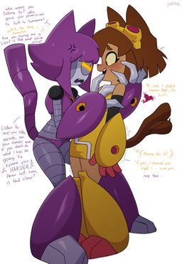 1_eye 3_claws 3_toes 4_fingers afterimage angry animal_ears anthro arm_armor armor armwear ball_joints bangs black_clothing black_leggings black_legwear black_nose black_outline blunt_bangs blush boots brown_body brown_eyebrows brown_hair brown_tail burgundy_eyes claw_in_mouth claws clothing club_arms cross-popping_vein dark_eyes detached_sleeves dialogue dominant dominant_female dominant_humanoid duo eyebrows eyewear eyewear_on_head fangs feet female female/female finger_in_mouth fingers footwear furrowed_eyebrows gauntlets gloves goggles goggles_on_head greaves grey_body hair hand_on_chest handwear head_grab heart_symbol hole_in_arm hole_in_chest jealous leg_armor leggings legs_together legwear looking_at_another looking_at_partner machine masochism metallic_body multicolored_body narrowed_eyes nervous nervous_smile noseless open_mouth orange_sclera outline possessive purple_body purple_eyes purple_hair purple_tail raised_tail red_clothing red_footwear red_gloves red_handwear scared segmented_body segmented_legs segmented_tail sharp_teeth shoes short_hair side_bangs side_view simple_background sleeveless_clothing speech_bubble submissive submissive_anthro submissive_female suspension tail tail_motion tailwag talking_to_another talking_to_partner teeth text thought_bubble threatening toes topwear tremble_spikes triangle_nose two_tone_body visible_gums white_background yandere yellow_boots yellow_clothing yellow_footwear yellow_gauntlets yellow_greaves yellow_sclera yellow_topwear p0stalk gameoverse glitch_productions kit_bodega malice_(gameoverse) animal_humanoid cat_humanoid domestic_cat felid felid_humanoid feline feline_humanoid felis humanoid mammal mammal_humanoid robot robot_anthro 2026 absurd_res artist_name cel_shading english_text full-length_portrait hi_res portrait shaded