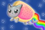 :3 ambiguous_gender black_eyes blush flying food grey_body quadruped rainbow rainbow_trail solo space star tail girgrunny nyan_cat_(copyright) pop-tarts nyan_cat domestic_cat felid feline felis food_creature hybrid mammal poptart_creature 3:2 meme