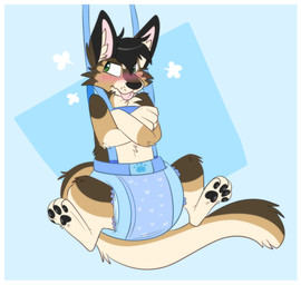 4_toes ambiguous_gender angry anthro baby_bouncer big_diaper black_body black_ears black_fur black_hair black_nose black_pawpads blue_background blush blush_lines border brown_body brown_fur brown_tail clean_diaper clothed clothing crossed_arms diaper diaper_only feet fur gloves_(marking) hair heart_symbol inner_ear_fluff leg_markings markings multicolored_body multicolored_fur multicolored_tail pawpads pink_inner_ear simple_background socks_(marking) solo suspension tail tan_body tan_fur tan_inner_ear_fluff tan_tail toes tongue tongue_out topless tuft wearing_diaper whisker_spots white_border jupiters jack_cabbit domestic_cat felid feline felis hybrid lagomorph leporid mammal rabbit hi_res