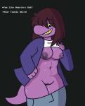 2018 areola breasts clothed clothing clothing_lift deltarune dialogue digital_media_(artwork) english_text female flashing genitals hair hi_res looking_at_viewer monster navel nipples non-mammal_breasts open_mouth presenting presenting_breasts profanity pussy reptile scalie simple_background smile solo standing susie_(deltarune) teeth text undertale_(series) undressing yellow_eyes zaldenvire