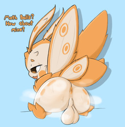 antennae_(anatomy) anthro anus balls bodily_fluids butt genitals looking_back male musk narrowed_eyes simple_background solo sweat text wings dustyspaghetti arthropod insect lepidopteran moth english_text hi_res