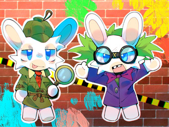 accessory anthro black_eyewear black_glasses blue_eyes blue_line_art bow_tie brick brick_wall buckteeth button_(fastener) cheek_tuft closed_smile clothed clothed_anthro clothed_male clothing coat duo eyewear facial_tuft featureless_legs fur furrowed_eyebrows glasses green_clothing green_coat green_hair green_hat green_headwear green_topwear hair hand_pawpads hat headgear headwear holding_magnifying_glass lidded_eyes light long_ears male male_anthro messy_hair mitten_hands mouth_closed multicolored_body necktie no_pupils noseless open_mouth paint pawpads pink_tongue purple_bow_tie purple_clothing purple_suit red_necktie round_glasses smile suit tan_body tan_dress_shirt tan_eyelids tan_inner_ear tan_pawpads tan_skin teeth tongue tongue_out topwear tuft two_tone_body wall_(structure) white_body white_fur renballball raving_rabbids rayman_(series) ubisoft lagomorph mammal rabbid 2022 4:3 colored colored_line_art digital_drawing_(artwork) digital_media_(artwork) lighting shaded