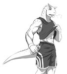 anthro athletic bottle bottomwear breath clothed clothing container heat_(temperature) holding_bottle holding_container holding_object horn male overheated scales shorts simple_background solo tongue tongue_out water_bottle white_background zhaqez abelisaurid carnotaurus dinosaur prehistoric_species reptile scalie theropod hi_res monochrome