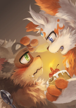 4_fingers anthro biped birthday_cake black_nose blue_eyes blush brown_body brown_fur cake candle candlelight chest_tuft cutlery dessert duo eating eating_food eye_contact fangs fingers food fur gradient_background green_eyes kemono kitchen_utensils light looking_at_another male markings open_mouth orange_markings side_view simple_background spoon teeth tools tuft white_body white_fur 13cat microsoft ori_(series) xbox_game_studios fan_character omicron rakky guardian_spirit mammal procyonid raccoon spirit 2025 absurd_res digital_media_(artwork) digital_painting_(artwork) hi_res painting_(artwork) signature