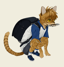 anthro backpack clothed clothing food holding_food holding_object male randoseru solo tail thin_tail young young_anthro mayumochi aquatic domestic_cat felid feline felis fish mammal absurd_res hi_res