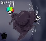 2_horns anthro big_butt black_body black_butt black_eyes black_hands black_legs black_skin black_text butt butt_crush cellulite cloak clothing clown_nose clown_wig cracked cracked_wall cracks crush duo featureless_feet featureless_hands feet female highlights_(coloring) horn huge_butt mask nude red_cloak red_clothing simple_background slapstick standing text thick_thighs blossonflower hollow_knight hollow_knight:_silksong team_cherry hornet_(hollow_knight) the_knight_(hollow_knight) arthropod vessel_(species) 2024 artist_name digital_media_(artwork) english_text hi_res nonbinary_(lore) sibling_(lore)