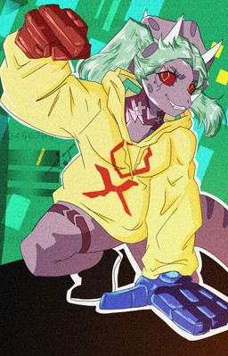 3_horns abstract_background anthro armor bone_frill clothing cosplay crossover_cosplay crouching eyelashes facial_horn female frill_(anatomy) gauntlets gloves hair handwear hoodie horn long_tail markings multi_horn nose_horn purple_body purple_scales red_sclera scales smile snout solo tail teal_hair text topwear twintails_(hairstyle) yellow_clothing yellow_eyes yellow_hoodie yellow_topwear vvurm_drama cavemanon_studios cyberpunk_edgerunners goodbye_volcano_high ko_op_(game_developer) snoot_game rebecca_(cyberpunk_edgerunners) trish_(gvh) ceratopsian ceratopsid chasmosaurine dinosaur marginocephalian ornithischian prehistoric_species reptile scalie triceratops 2026 absurd_res artist_name crossover digital_drawing_(artwork) digital_media_(artwork) hi_res watermark